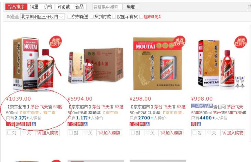 京東銷售的53度茅臺飛天酒每瓶價格突破了1000元。