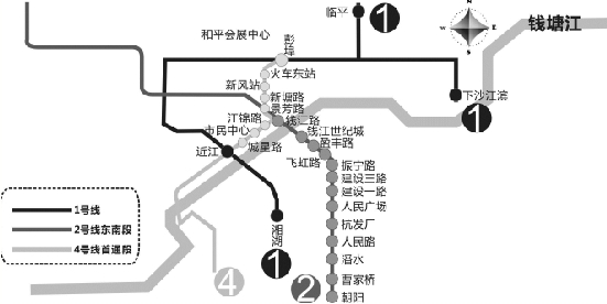 杭州地鐵1、2、4號線 部分線路示意圖 製圖 陳驍