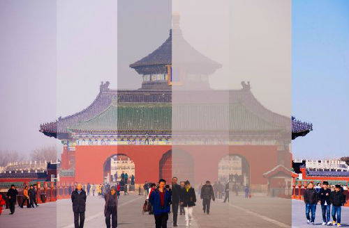 12月17日至22日（從左至右）在北京拍攝的天壇公園祈年殿建築群（拼版照片）