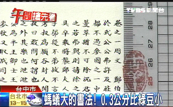 臺中書法家寫出螞蟻大的字 0.3公分比綠豆小(圖)