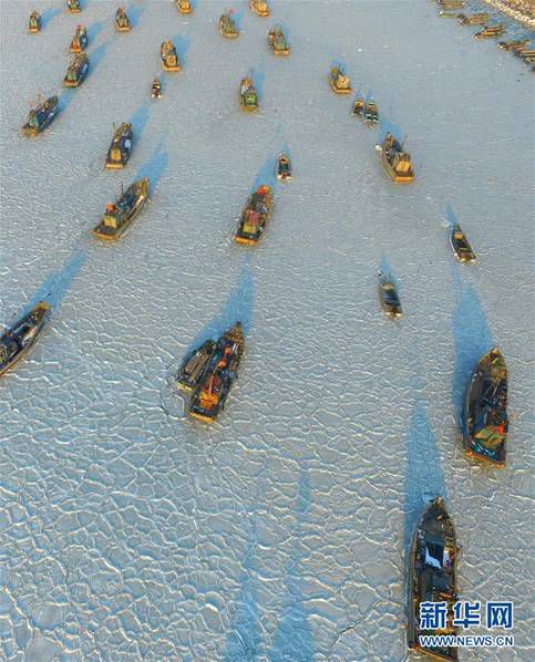 山東碼頭海冰封凍 大小漁船凍結其中場面壯觀