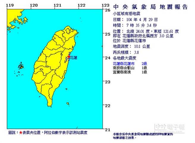 花蓮今早發生3.8級小區域地震