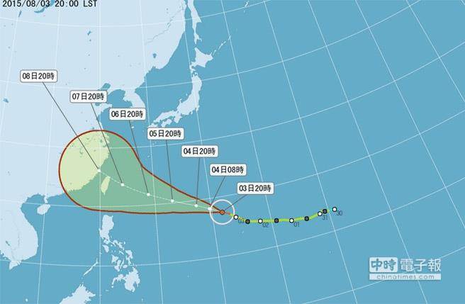 蘇迪勒今晚轉成強臺。圖為最新發佈颱風路徑潛勢圖。（取自臺灣“氣象局”）