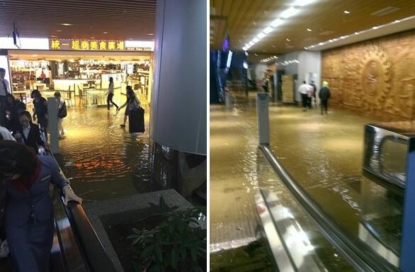 桃園機場2日受暴雨影響，多處出現嚴重淹水