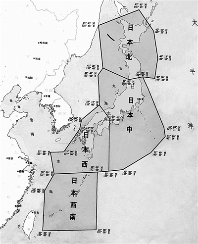 日本防空識別區共分4個部分，其中西南區距離中國本土最近處有130公里，涵蓋東海大部分區域。