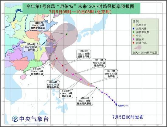圖1. 今年第1號颱風“尼伯特”未來120小時路徑概率預報圖
