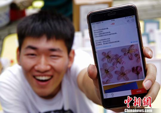 圖為收入不錯的小險興奮地向記者展示他在閒魚上售賣櫻花標本的情況。　趙小燕　攝