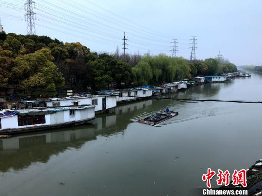 上海新槎浦河上，漂浮著一排“水上村寨”。　王子濤　攝