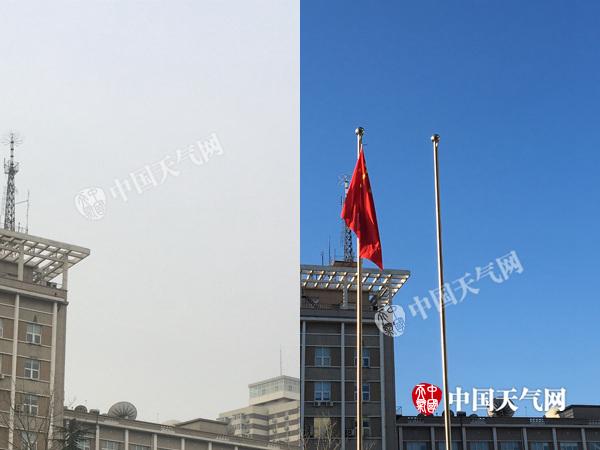 與昨天清晨相比，今晨北京能見度明顯好轉，碧空如洗。