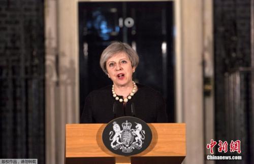 資料圖：英國首相特雷莎�梅就此次襲擊事件發表講話。