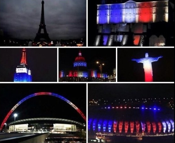 臺北101大廈傍晚將亮紅白藍三色燈為巴黎祈福