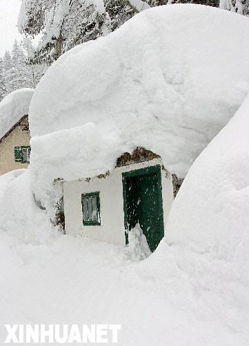 這是2006年2月11日奧地利南部濱湖倫茨的民房被大雪覆蓋。積雪導致這裡多處房屋被壓塌。